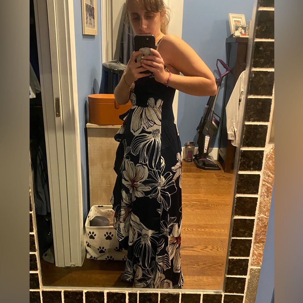 Lulus Seeking Chic Navy Blue Floral Print Ruffled Faux-Wrap Midi Dress - Picture 7 of 14